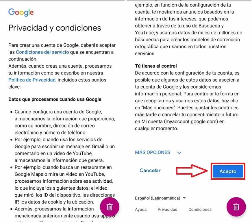 tutorial paqra aceptar la politica de privacidad de Google